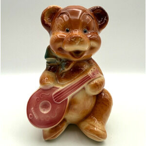 Royal Copley Teddy Bear Planter Mandolin Vintage Anthropomorphic Kitschy 6.5" H